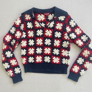 STAUD Red, blue, crochet polo long sleeve sweater crop top